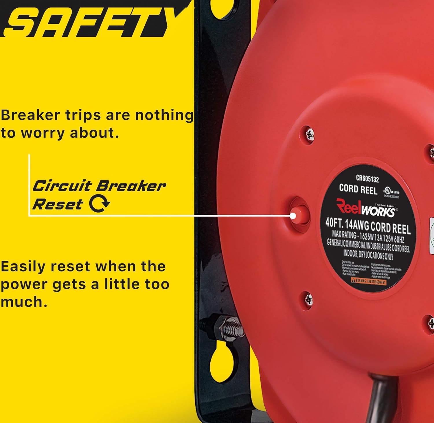 ReelWorks Extension Cord Reel Retractable, 14AWG x 40' Ft 3C SJT, Wall Mount Kit, 3 Outlet / Triple Tap Connector