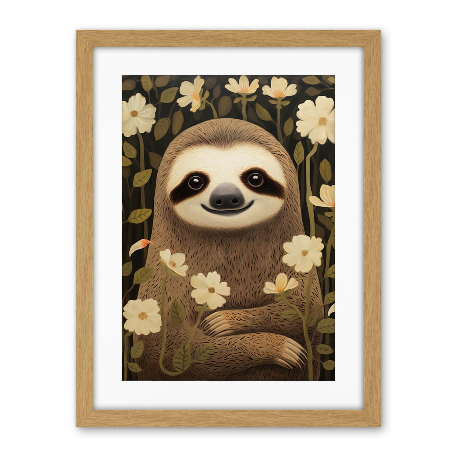 Artery8 Sloth with Jasmine and Anemone Flowers Elegant Artwork Framed Wall Art Print 18X24 Inch