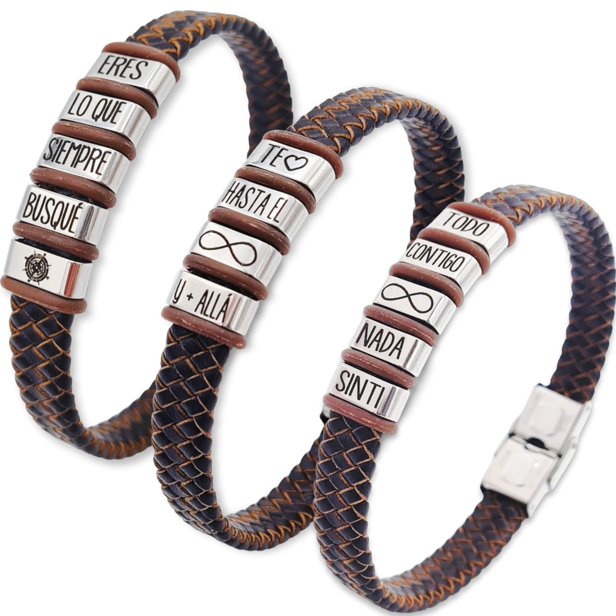 D.CORAZÓN ARTESANÍA HECHO A MANORegalos para San Valentín. Pulsera para hombre con eslabones y cuero de acero inoxidable, talla ajustable. (Cuero Marrón, TE QUIERO HASTA EL INFINITO Y + ALLÁ)