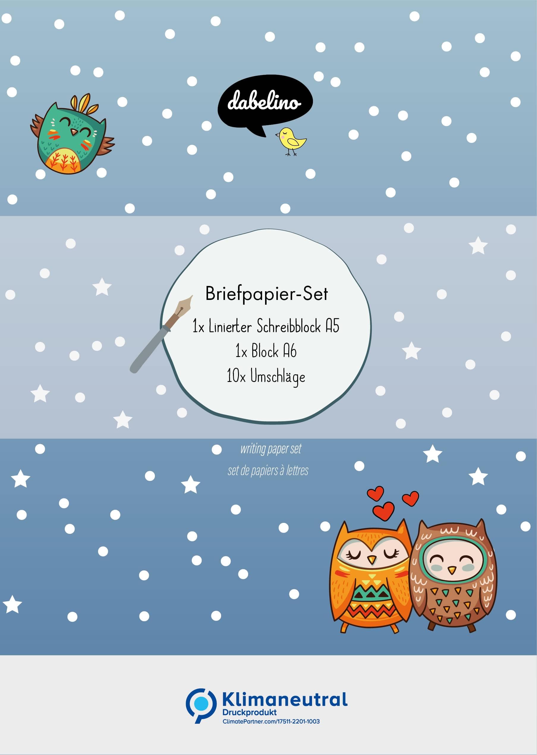 Owl Writing Paper Set for Children: 25 Sheets DIN A5 Lined + 10 Envelopes (Girls or Boys, Blue, Orange, Green)