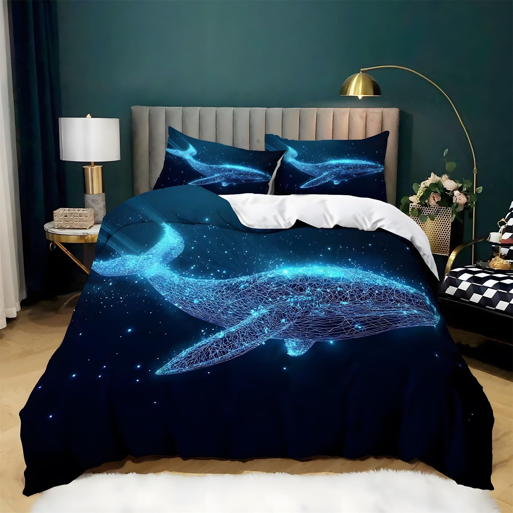 Parure de lit 90x190 enfant housse de couette bleu marine baleine avec taie oreiller