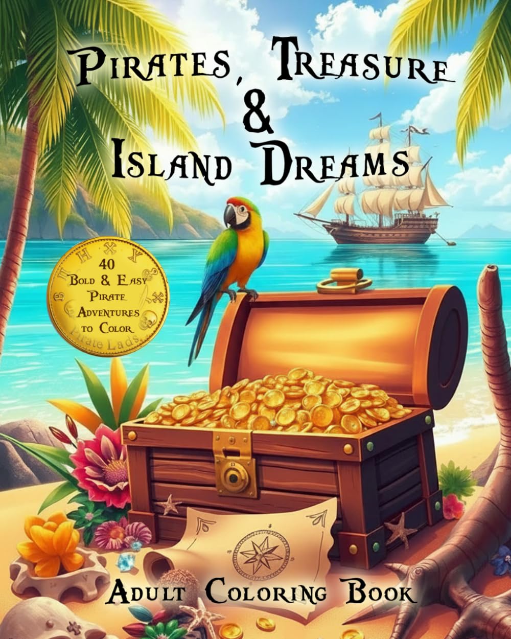 Pirates, Treasure & Island Dreams: A Bold and Easy Coloring Book Filled with Hidden Coves, Tropical Adventures, Pirate Ships, Treasure Maps, and Relaxing Island Escapes