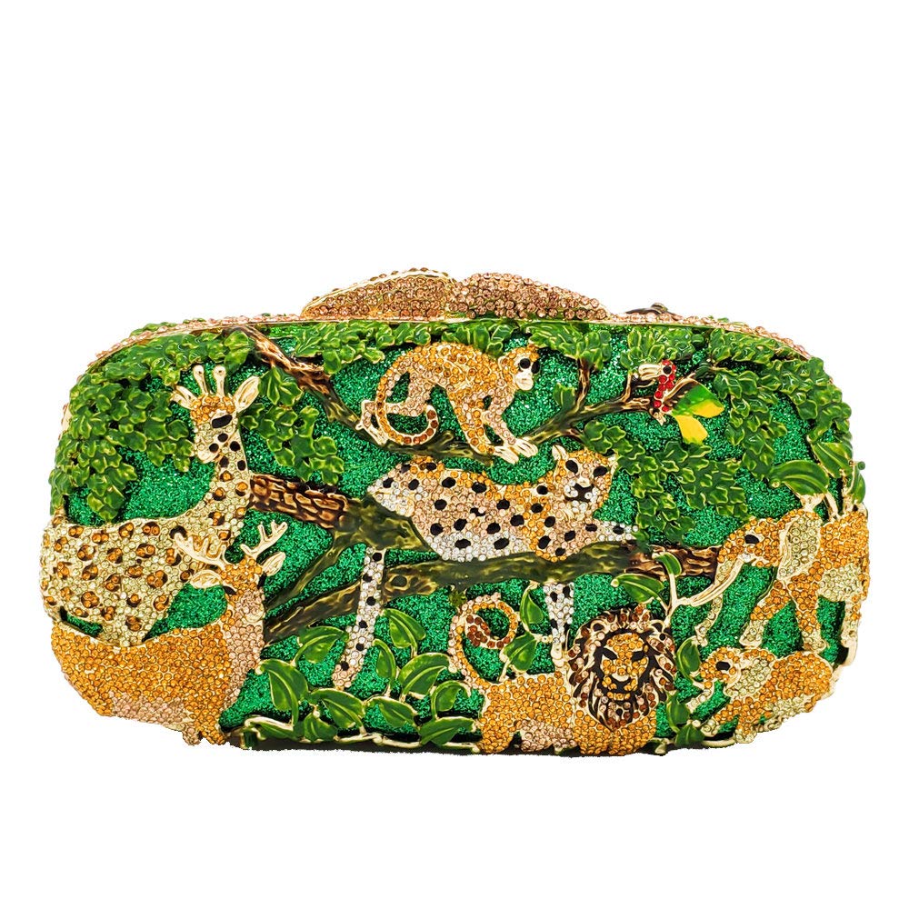 Boutique De FGG Forest Jungle Animal World Crystal Clutch Purse for Women Formal Evening Bags Rhinestone Clutch Handbag,Mini