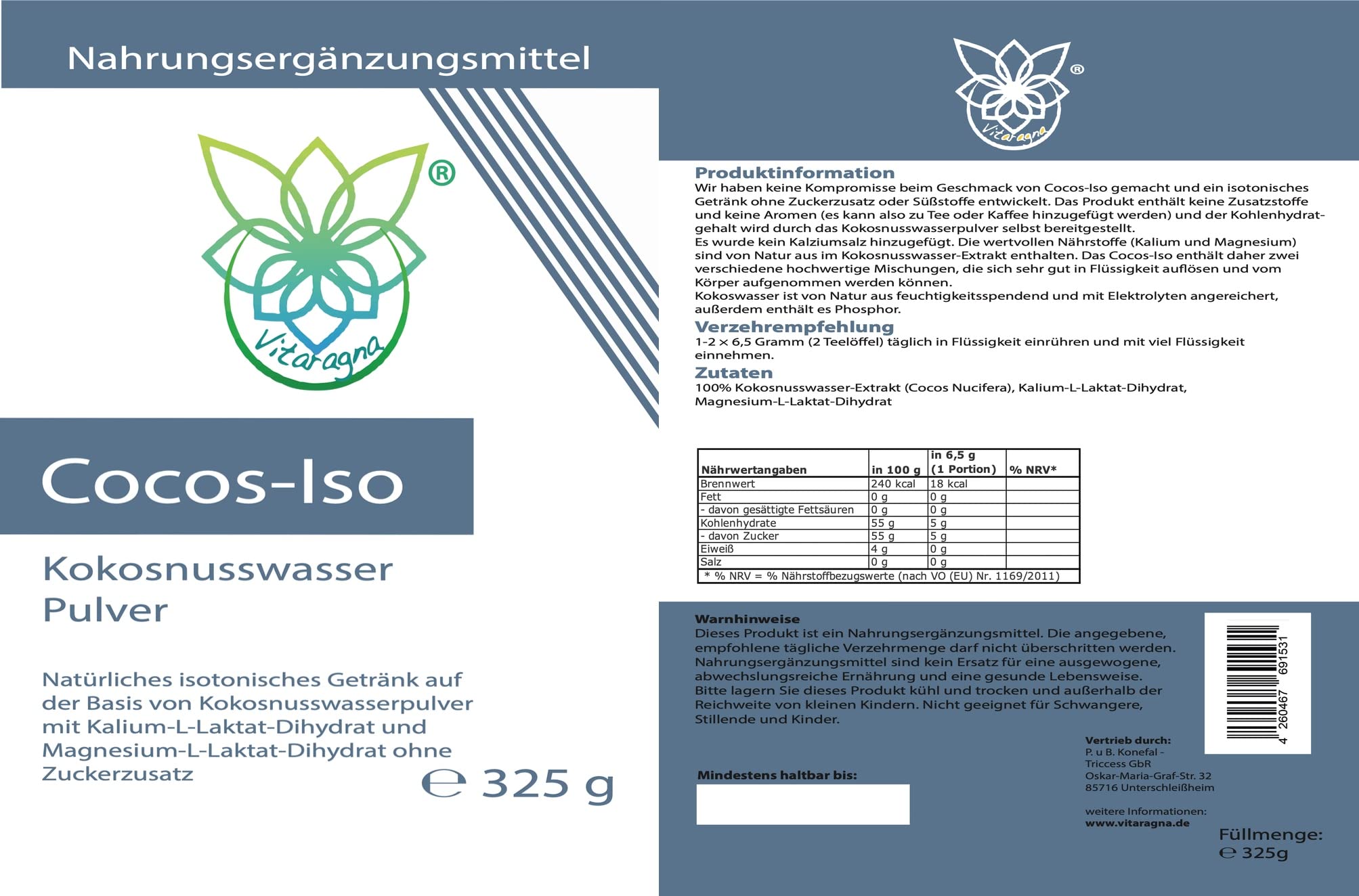 Cocos-Iso Elektrolyte - Kokoswasser Pulver zum isotonischen Getränk mischen, Kokosnusswasser-Extrakt mit Magnesium u. Kalium ohne Zusatzstoffe, 325g