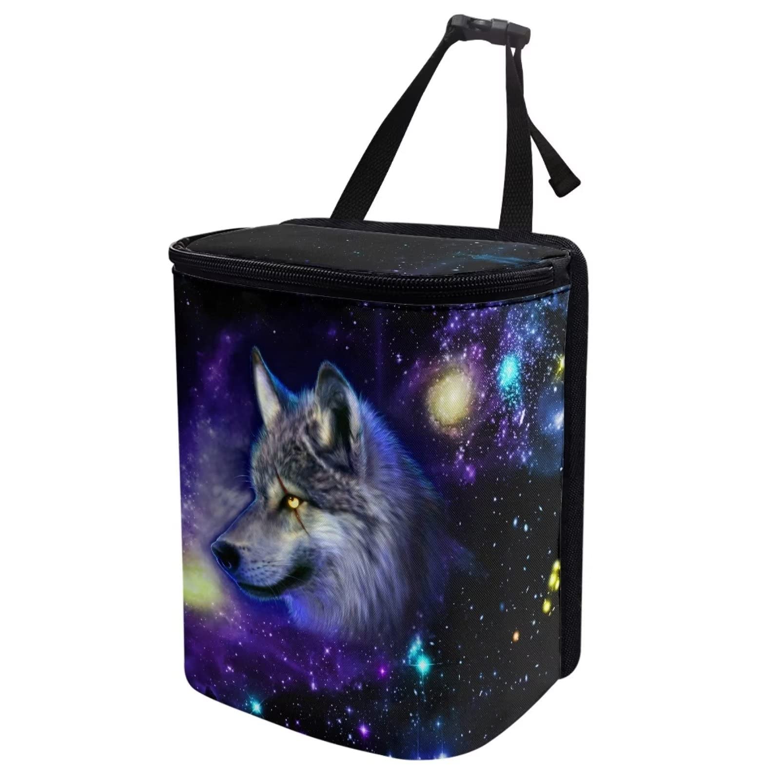 Renewold - Cubos de basura para auto con estampado de lobo galáctico y tapa, multiusos, para coche, camping, bolsa de almacenamiento, ajustable, portátil, accesorios interiores para auto.