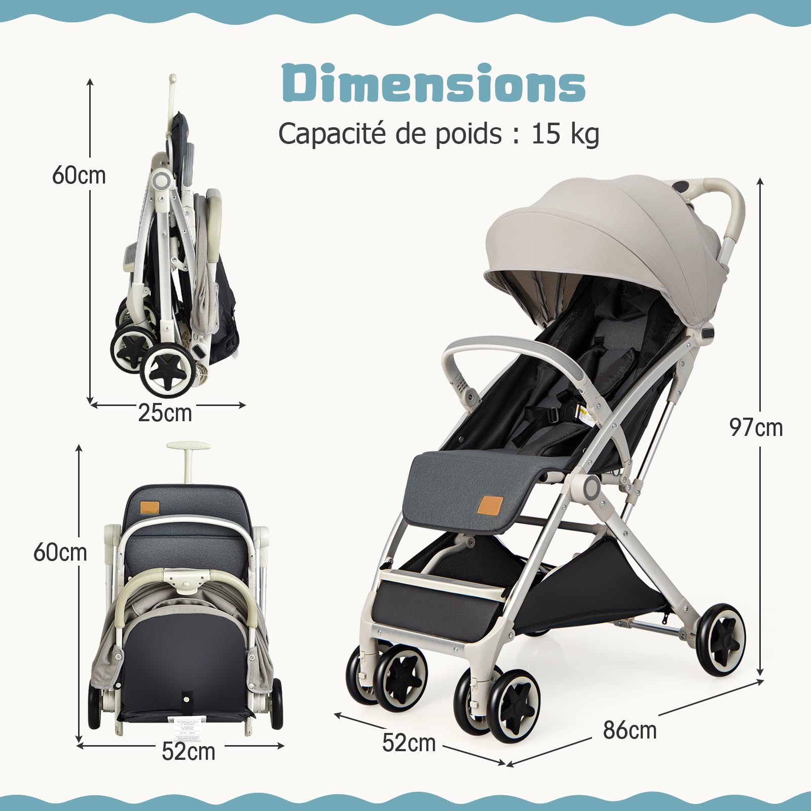 DREAMADE Poussette Légère Compact à 15 KG avec Dossier&Auvent&Repose-pieds Réglables,Poussette Canne Pliante Bébé 0-3 Ans avec Moustiquaires&Roues Verrouillables (Gris)
