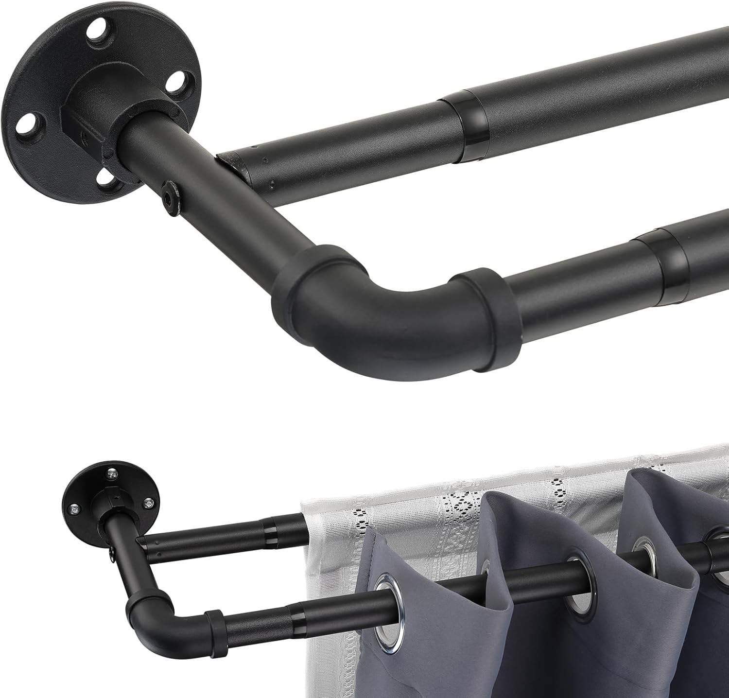 Barras de Cortina Doble Extensible Estilo Industrial, 73-309cm Barra de Cortina de Acero Inoxidable Doblecon Cabeza de Brida y Soportes Decorativa Ajustable para Sala/Negro Mate