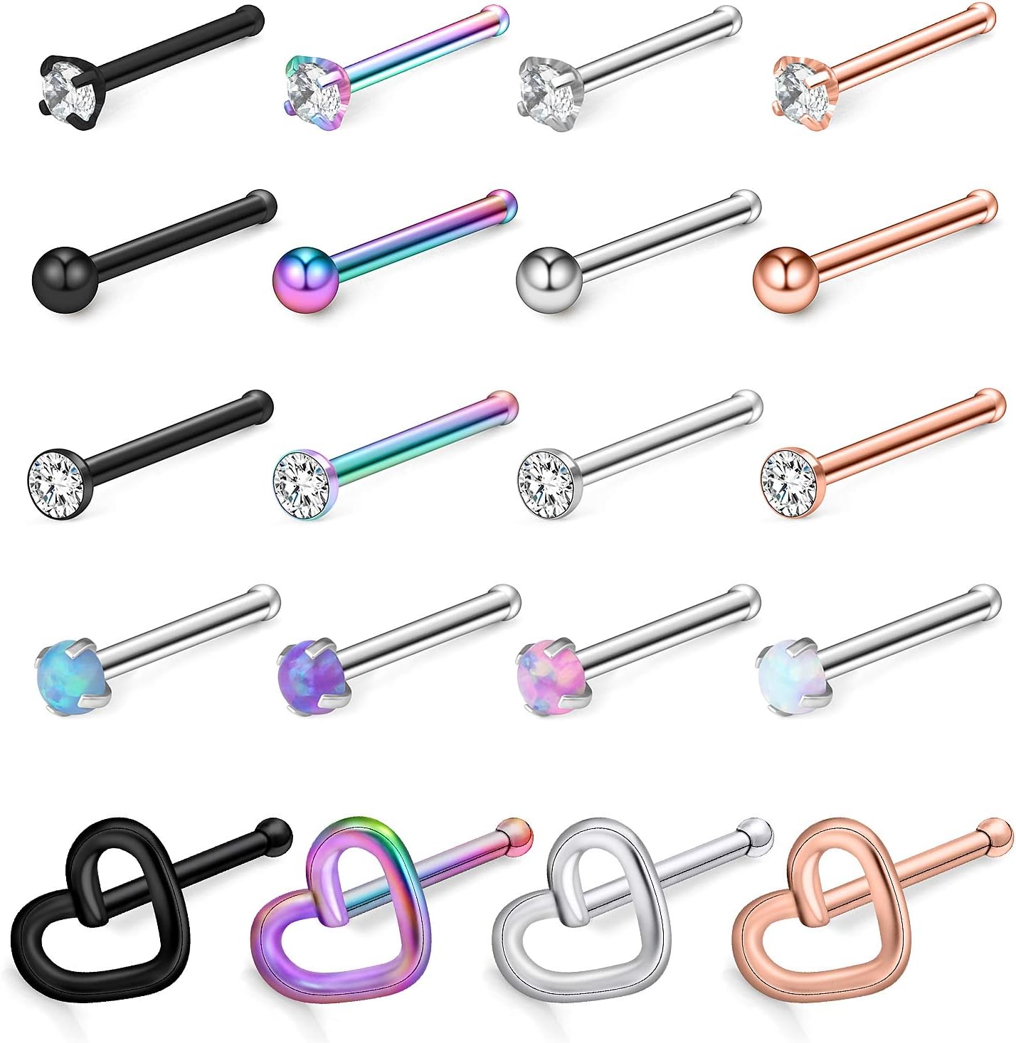 Ruifan 20G Surgical Steel Heart Flat Ball Opal Clear Diamond CZ Nose Stud Rings Bone L-Shaped Screw Piercing Jewelry 4-20PCS