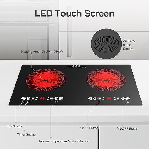 Miniatura 8 de VBGK Cocina eléctrica, 110 V, 24 pulgadas, 2 quemadores, estufa integrada y encimera, estufa de 2200 W, 9 niveles de potencia, bloqueo y