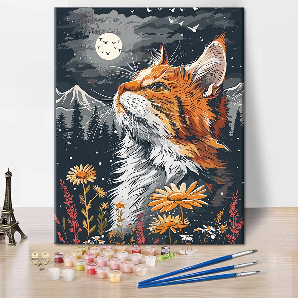 TISHIRON Animal Paint by Numbers Kit for Adults Cat is Looking up at The Moon in a Field of Flowers Paint by Number with Brushes and Pigment for Home Wall Decoration, 16x20 Inch