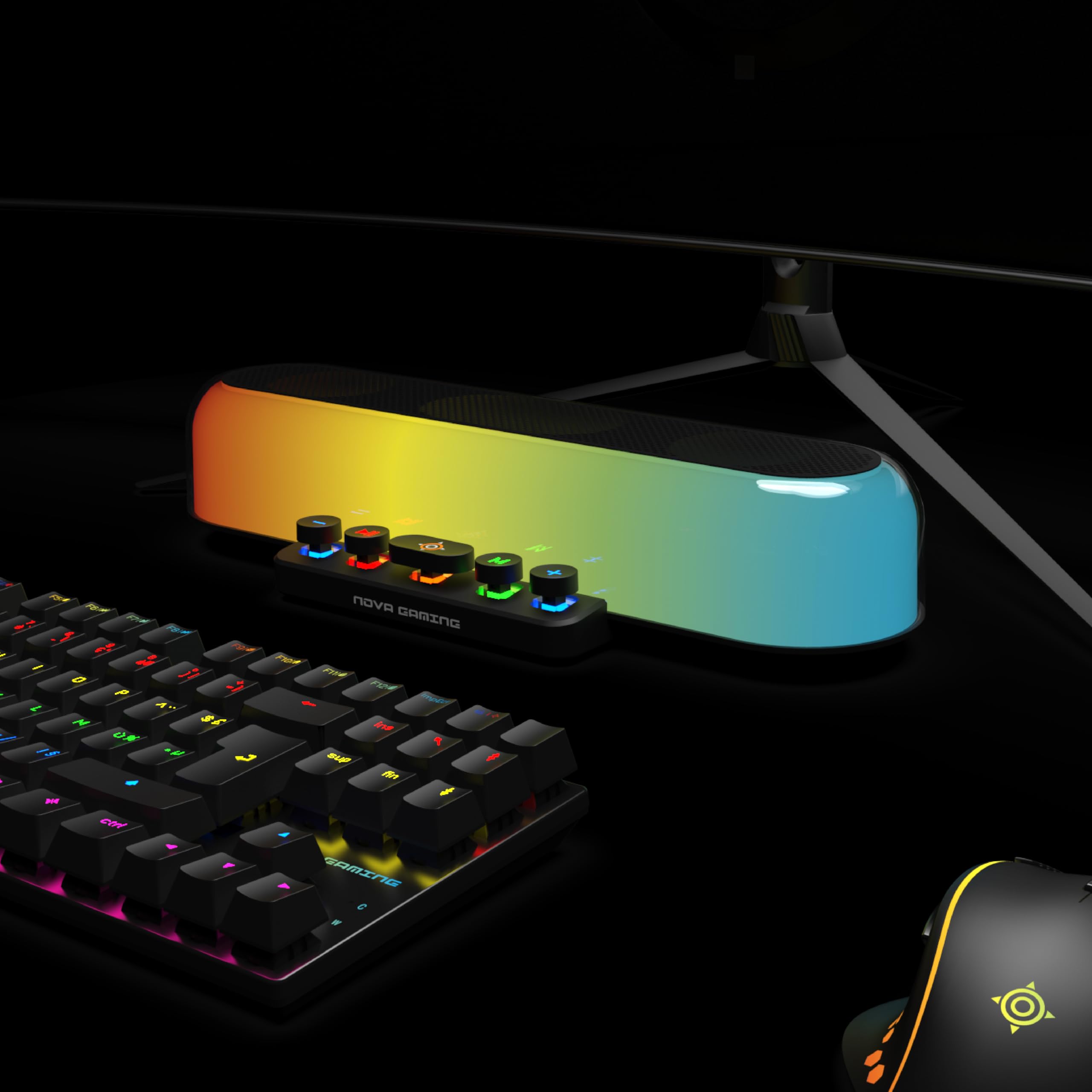 Nova Gaming URSAE - Barre de Son Gaming RGB Bluetooth 5.3 Puissante et Immersive - Enceinte PC Stéréo 10W avec Design Compact Élégant - Connexion USB, Jack, Micro-SD