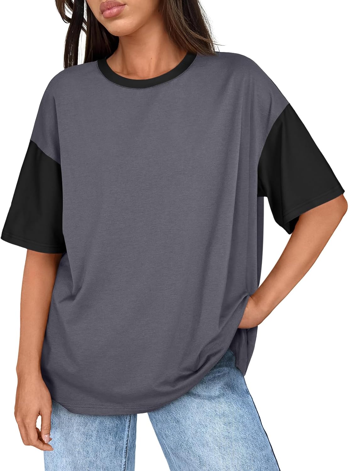 Trendy Queen Oversized T-Shirts for Women Short Sleeve Summer Tops Crewneck Loost Fit Y2K 2025 Going Out Color Block Tees