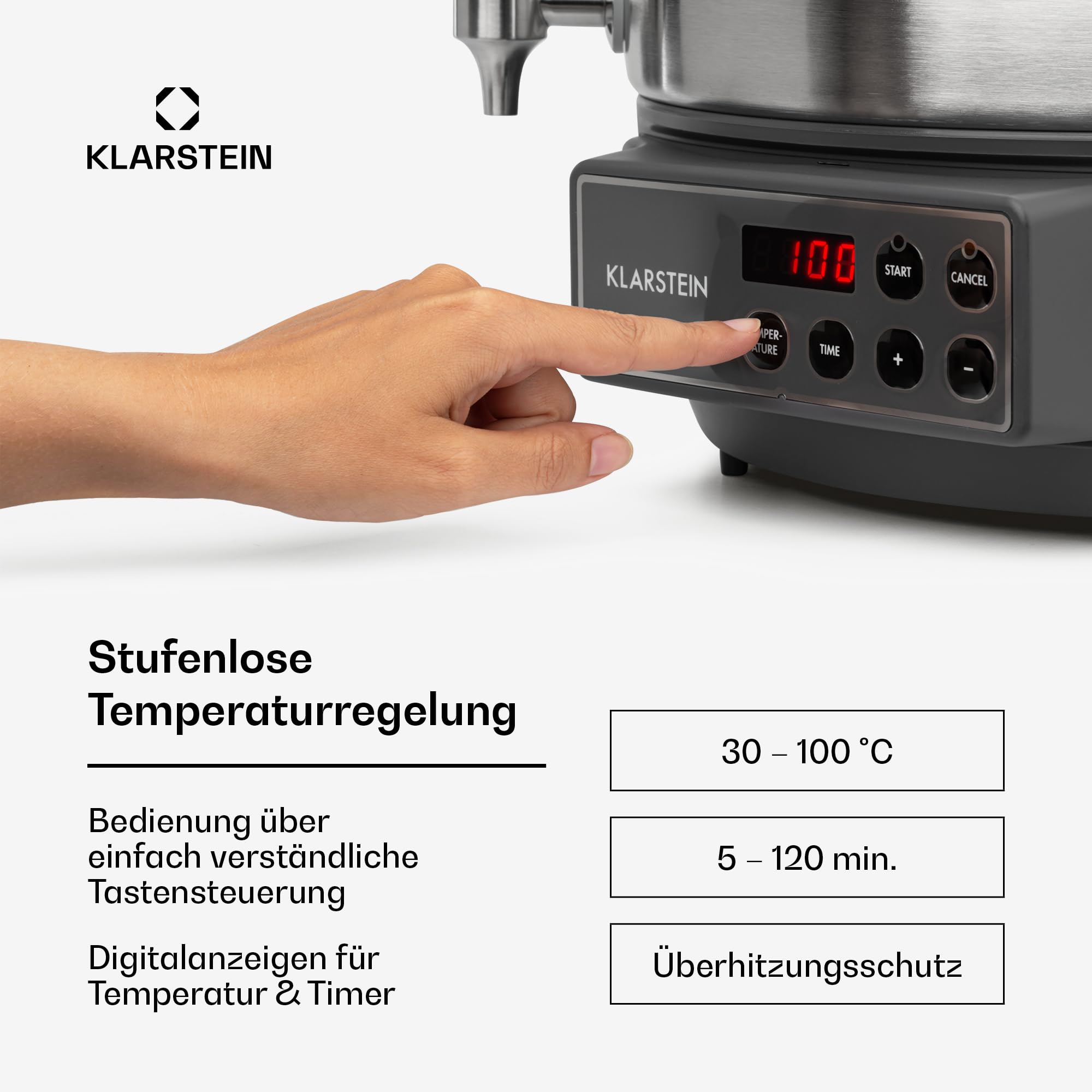 Klarstein Lady Marmalade Einkochautomat Einkochtopf Einkocher Heißgetränkespender, 27 Liter, 1800 Watt, 30-100 °C, Timer, Warmhalte-Funktion, Überhitzungsschutz, Edelstahl gebürstet