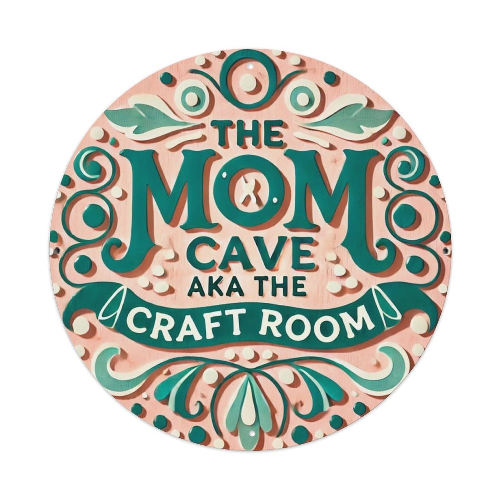 Jdyaojiesheng Vintage The Mom Cave Craft Room Round Tin Sign Retro Metal Wall Decor Metal Poster, Home Bar Garage Farmhouse Cafe Wall Art Decoration 8X8inch