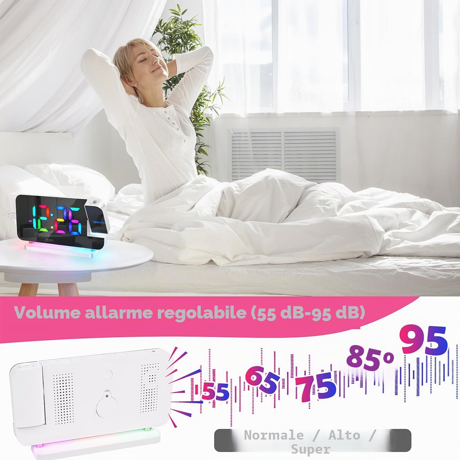 Euakee Sveglia Digitale, Sveglia con Proiezione, Orologio a Specchio LED da 7,4”, Luce Notturna a 10 Colori, Proiettore Ruotabile di 180°, Caricatore USB-C per Bambini Cameretta (Bianco)