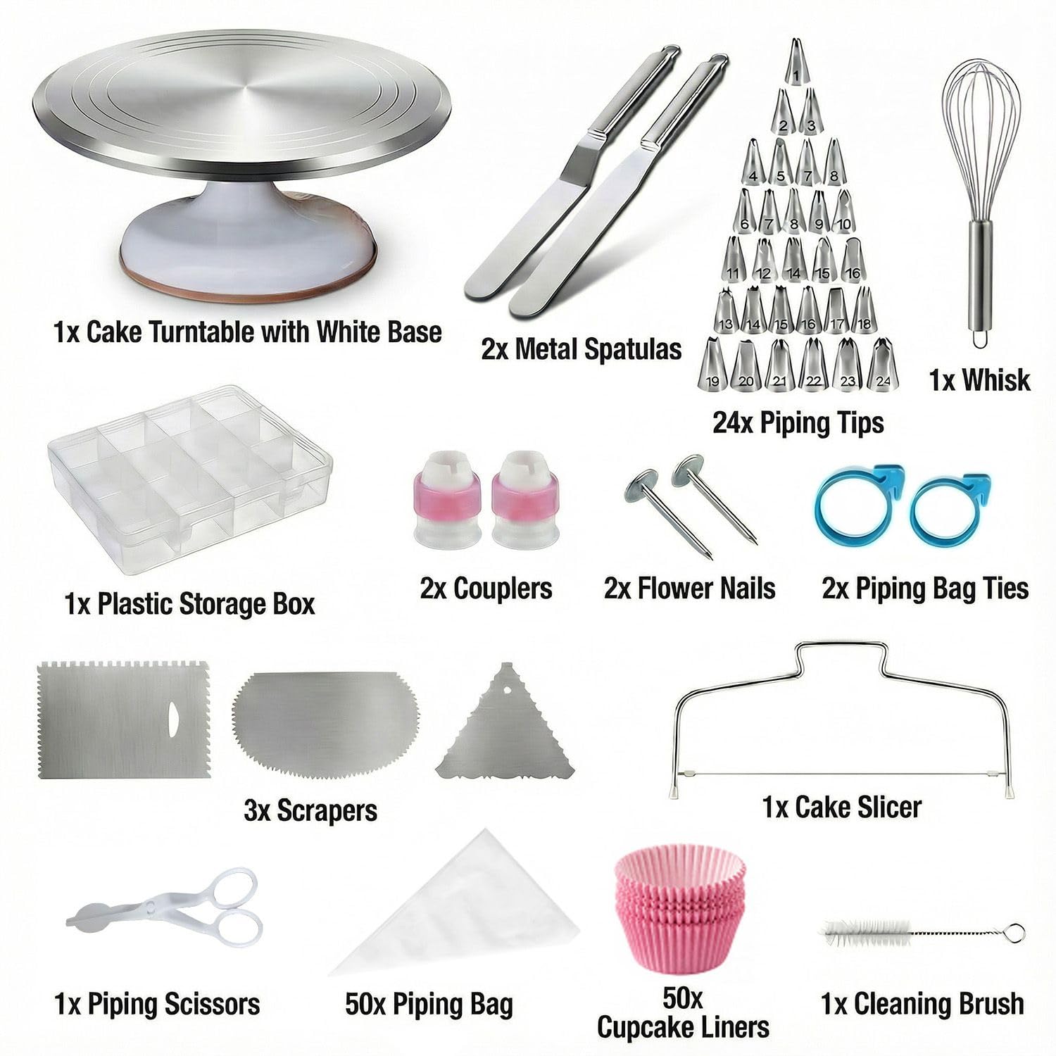Plato Giratorio para Tartas de Aluminio - Base Giratoria para Decoración Profesional con Set de 144 Accesorios de Repostería Incluye Espátula y Boquillas, Gran Regalo para Mujeres