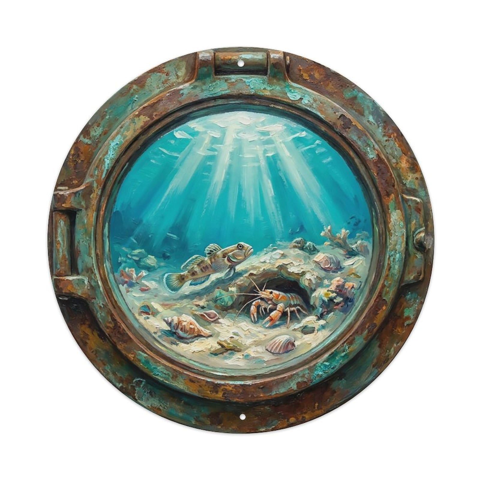 Vintage Porthole Goby Shrimp Symbiosis Ship Window Undersea Deep Sea Metal Tin Sign