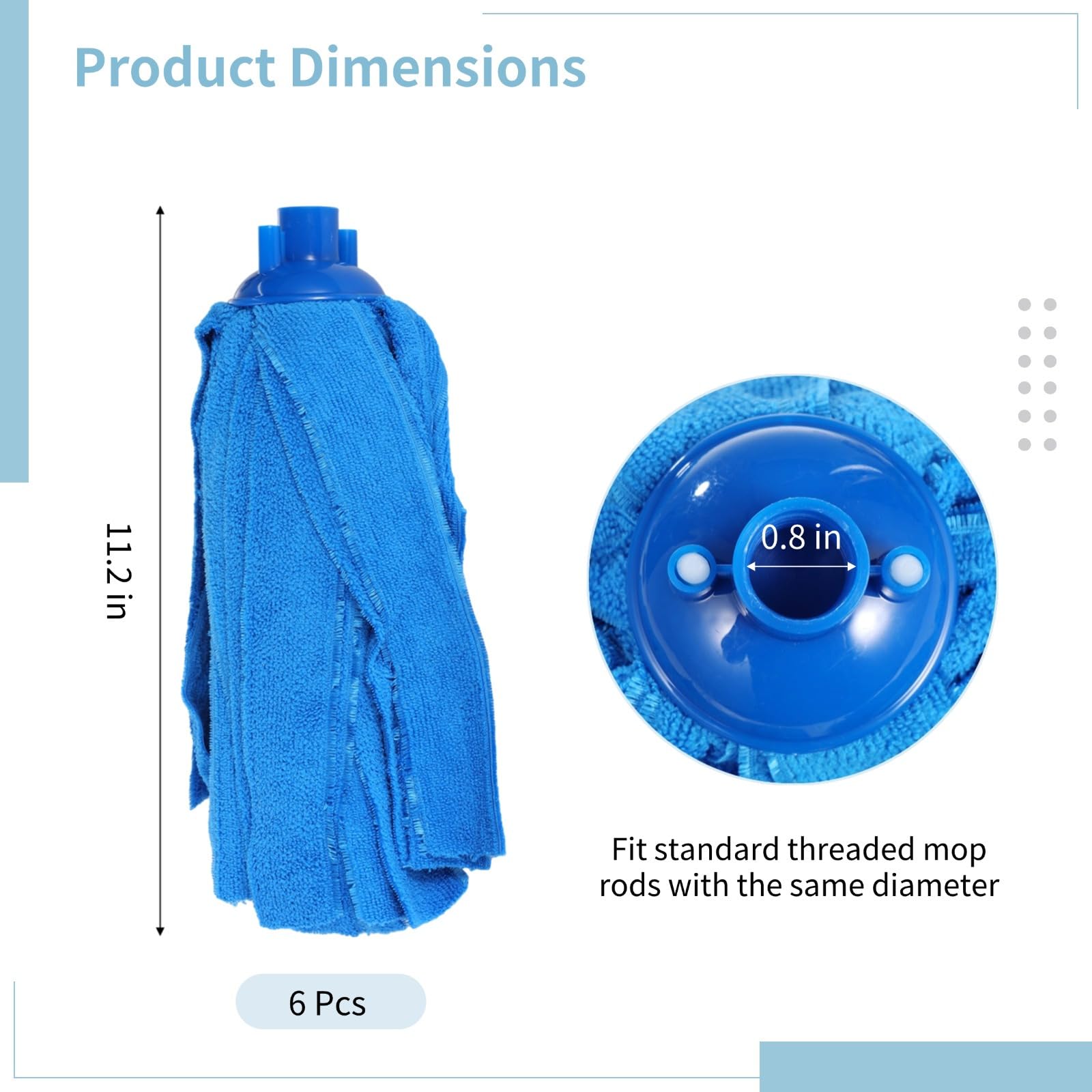 6 cabezales de fregona de microfibra azul, alta absorción, recambios húmedos y secos, compatibles con postes roscados estándar 3/4, limpieza multidireccional