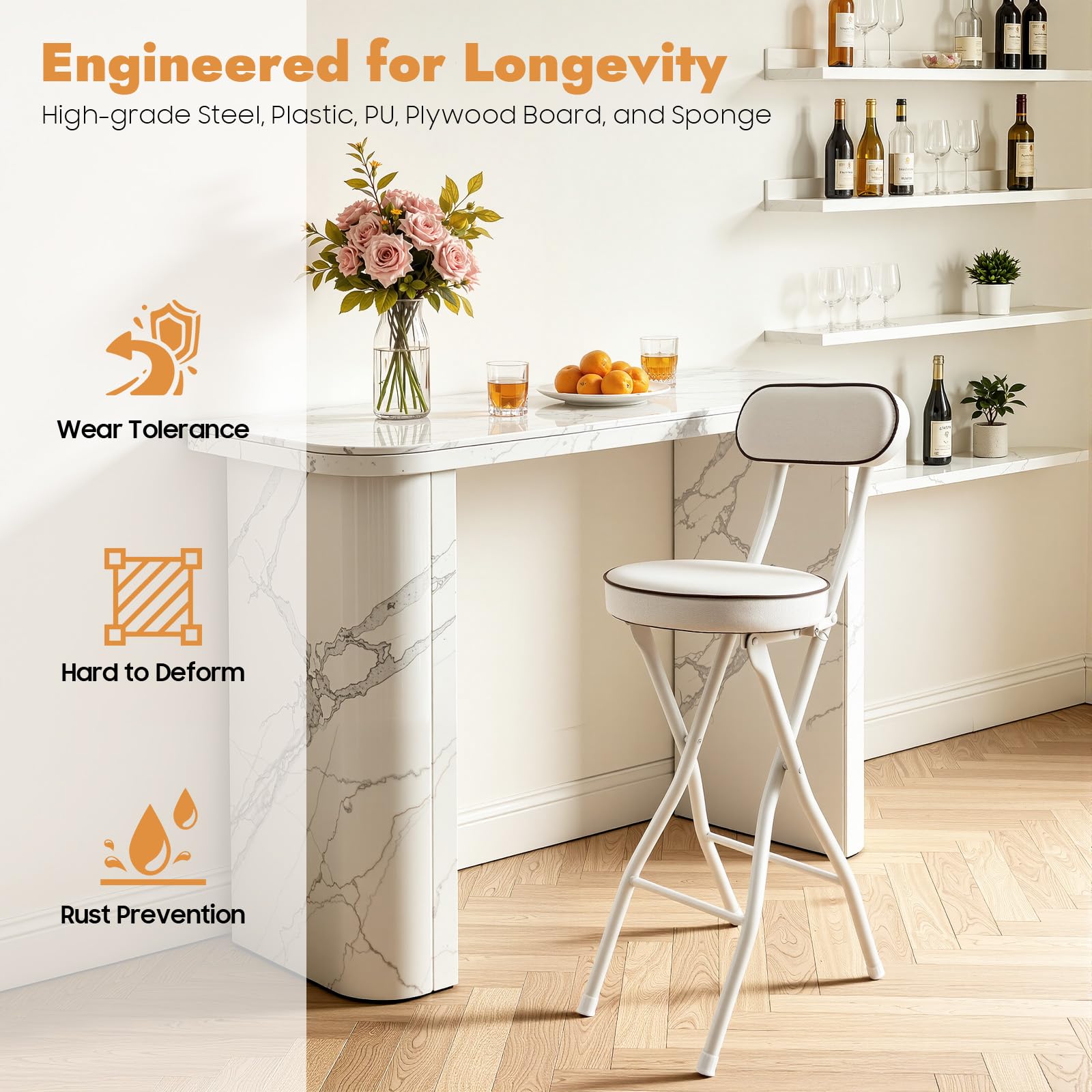 Juego de 2 taburetes plegables con respaldo y reposapiés, 65 cm de alto, estilo moderno, para cocina, comedor, oficina, color blanco