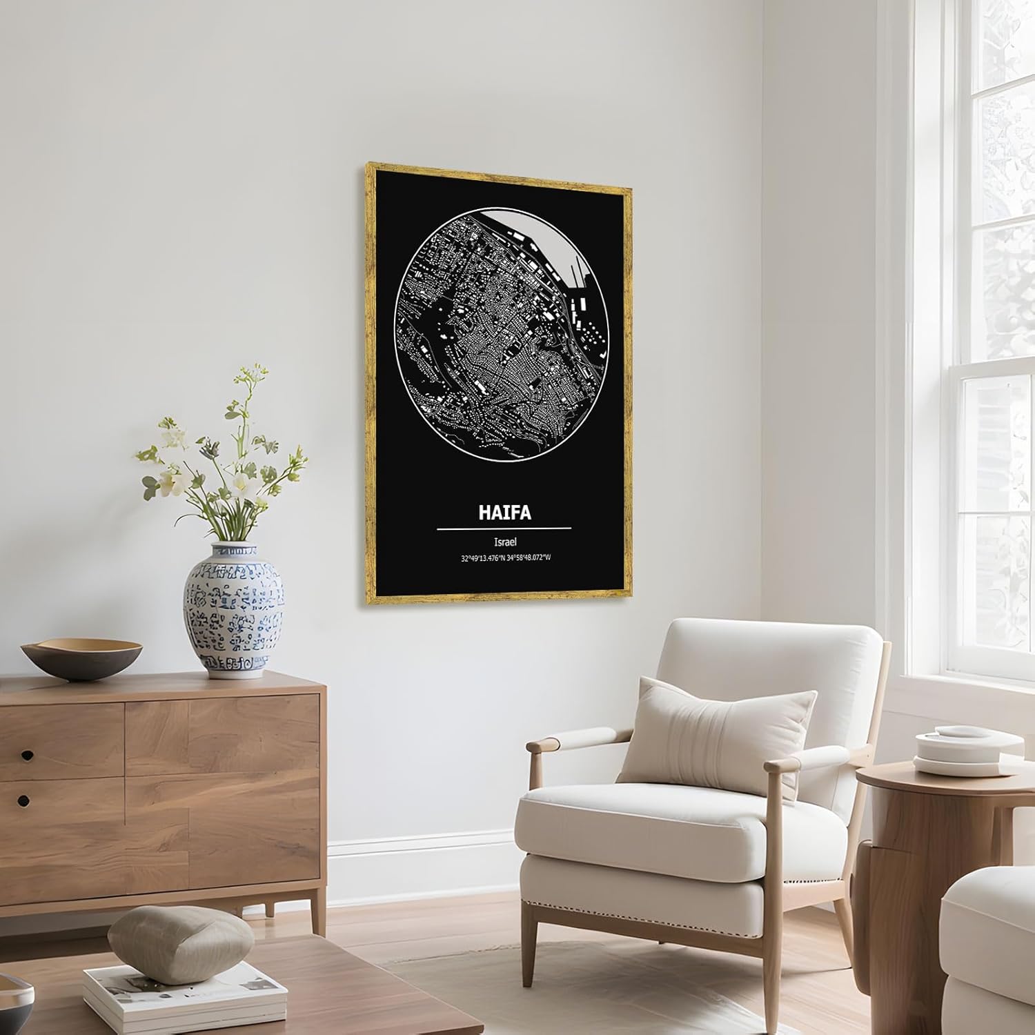 Framed Haifa Israel City Map Poster Canvas Print Art Modern Painting Wall Art Pictures Minimalist Aesthetic Home Decor Office Wall Decoration Art Print (Wood Framed,12L x 16W)