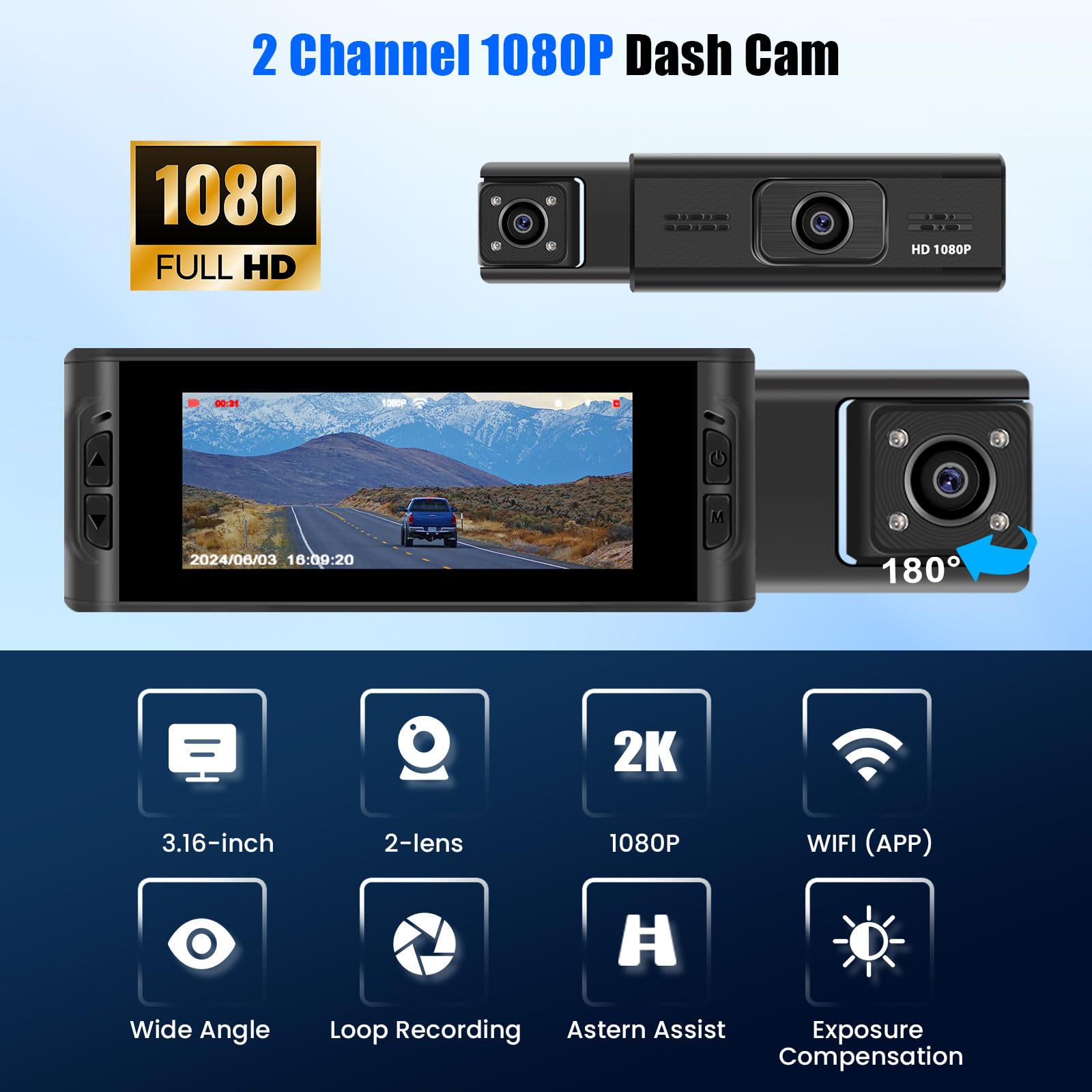 CAMECHO Vision Nocturne Dashcam 1080P kamera samochodowa przód i tył z WiFi 3,16-calowy ekran 2-kanałowa dashcam z nagrywaniem w pętli wykrywaniem ruchu