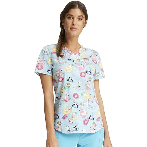 Cherokee Scrubs for Women V-Neck Printed Scrub Top Modern Classic Fit with 3 Pockets, Shaping Darts & Side Vents - CK664