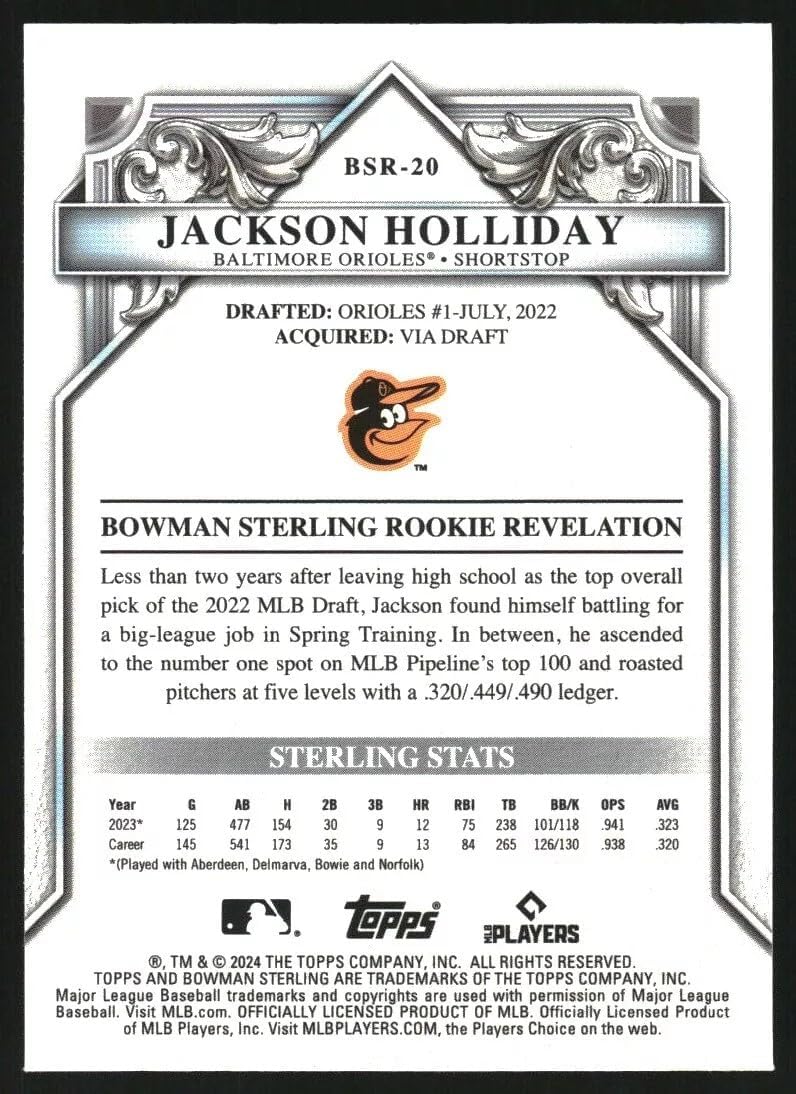 2024 Topps Bowman Sterling Jackson Holliday #BSR-20 Baltimore Orioles Rookie RC Baseball Card