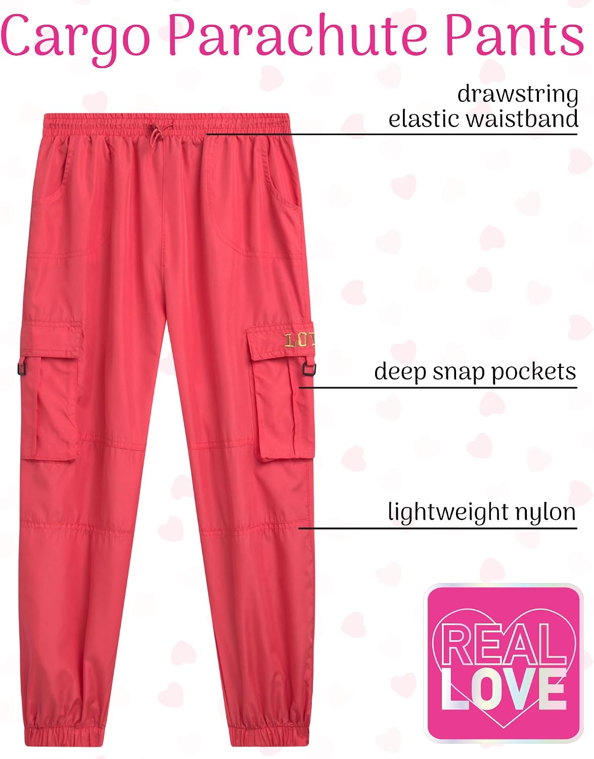 Real Love Girls' Cargo Pants - Lightweight Nylon Quick Dry Jogger Parachute Pants with Deep Multi Pockets (Sizes: 7-16)