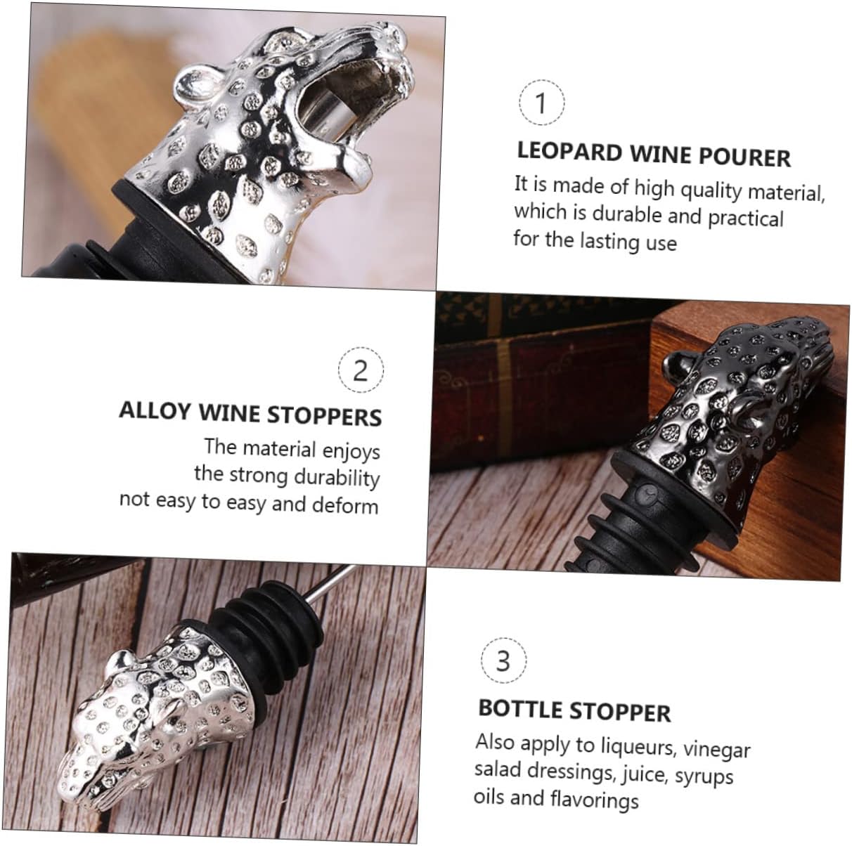 Cork, 2pcs Leopard Head Wine Stopper Wine Bottle Pourer Oil Spout Pourers Oil Bottle Alloy Wine Stoppers Pour Spout Wine Spout Animal Alloy Bottle Stopper