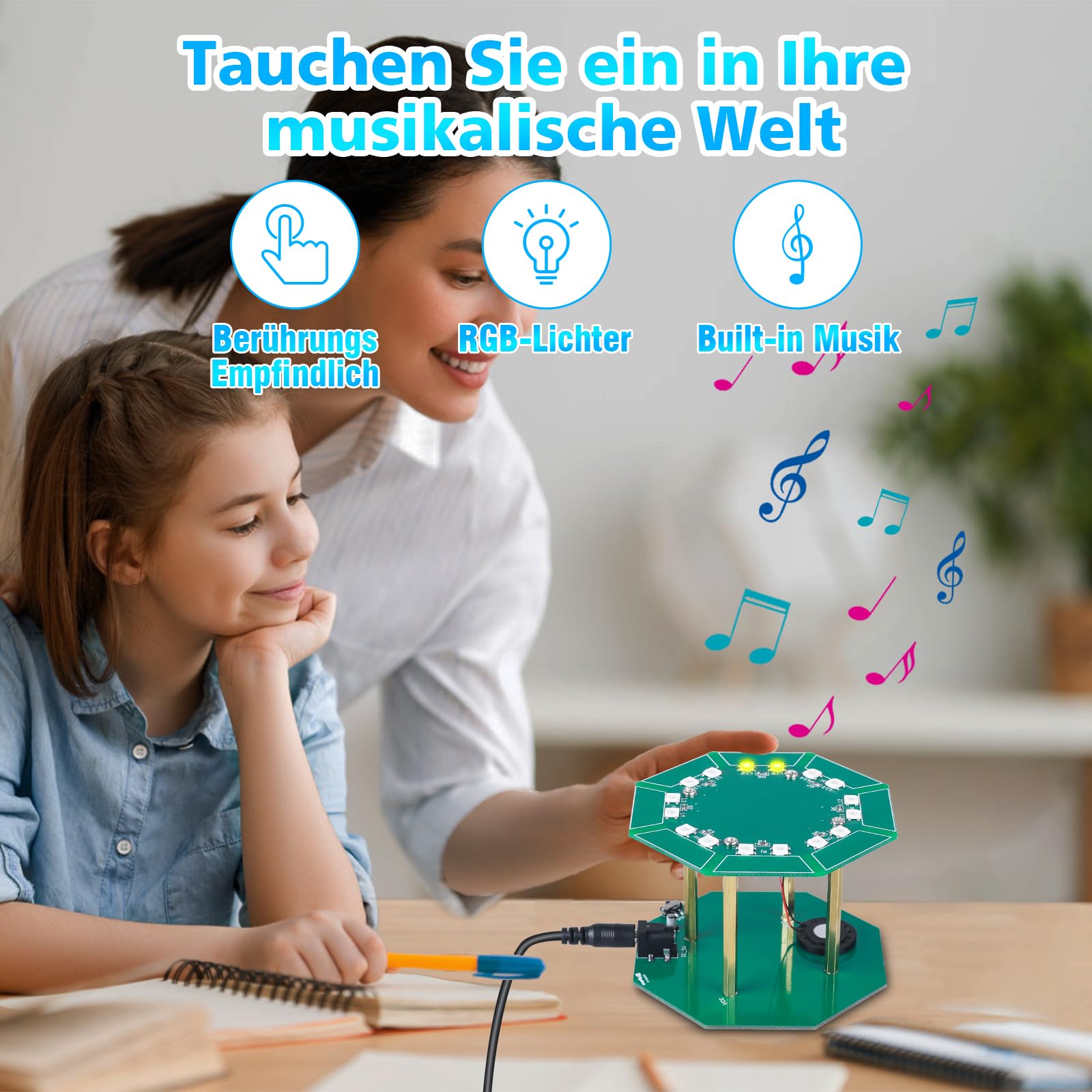 DONGKER Set di esercizi di saldatura fai da te con 7 note, pianoforte a forma di tamburo, kit di saldatura con musica accompagnata da luci LED colorate per imparare a suonare canzoni