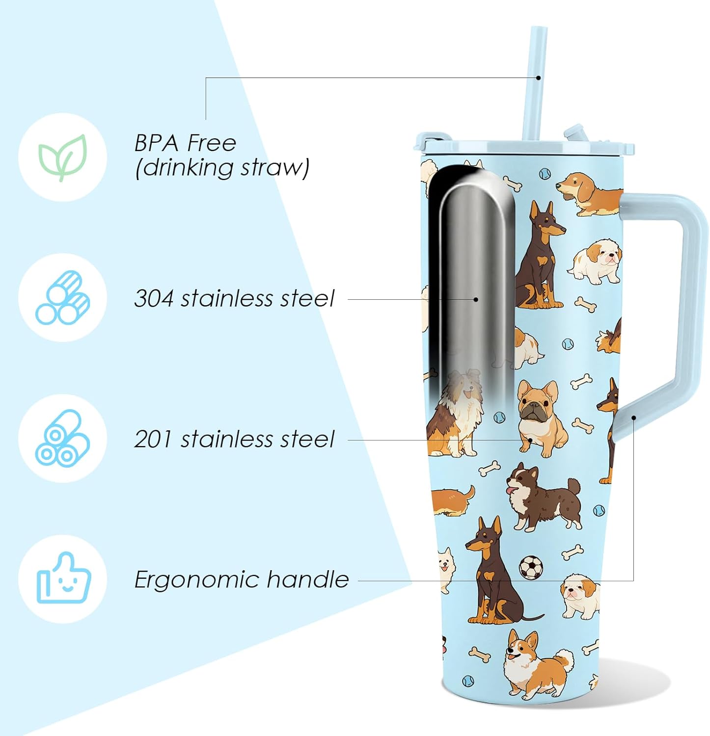 Dog Tumbler 40 oz with Handle and Straw, Leak-proof, Stainless Steel Insulated Travel Coffee Mug, Cute Dog Cup Gifts for Dog Mom Gifts for Dog Lovers Birthday Christmas (1 pc) - Image 2