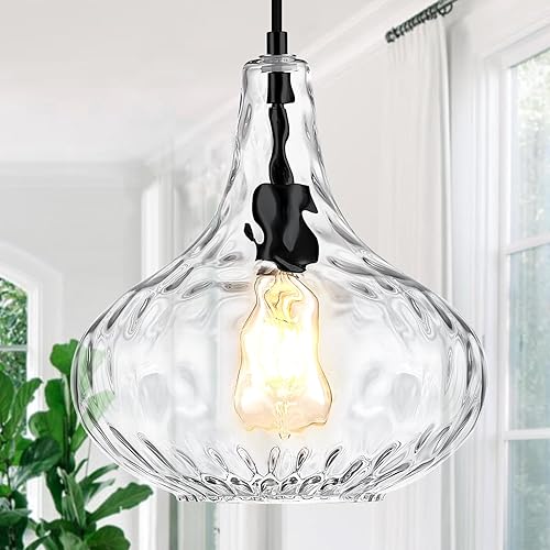 Luces colgantes grandes de vidrio para isla de cocina, lámpara colgante de vidrio soplado, pantalla martillada transparente, luces de techo