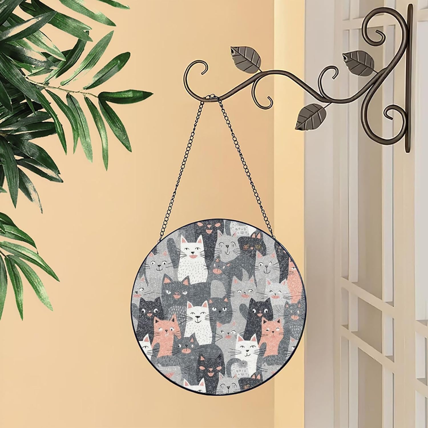 Stained Glass Window Hanging Cute Funny Grey Cats Pattern Sun Catchers Indoor Outdoor Decor Window Suncatcher Door Garden Sunroom Sun Catcher Home Decor Birthday Christmas for Mom Men