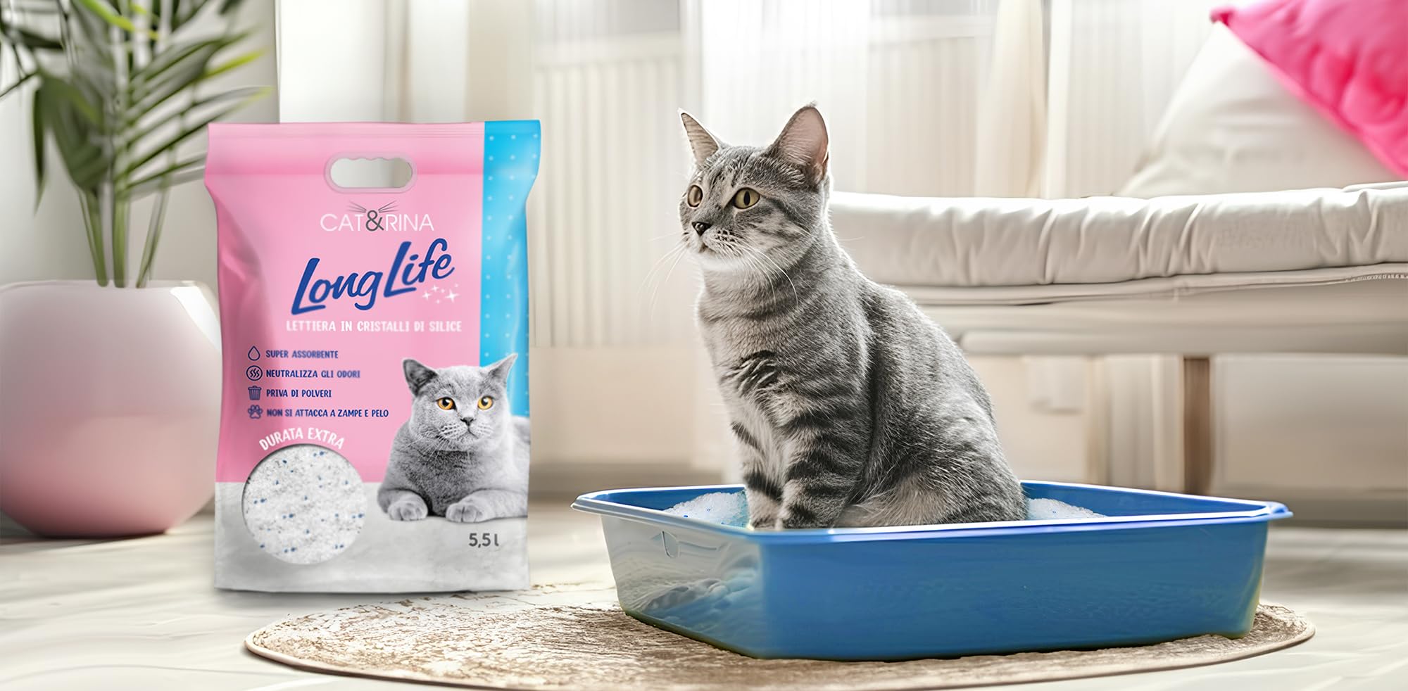 Cat&Rina Long Life Lettiera per Gatti ai Cristalli di Silicio Super Assorbente. Sabbia Priva di Polvere e Sicura fino a 30 giorni di utilizzo. Anti Odore,Profumazione Classica. Confezione da 5.5l