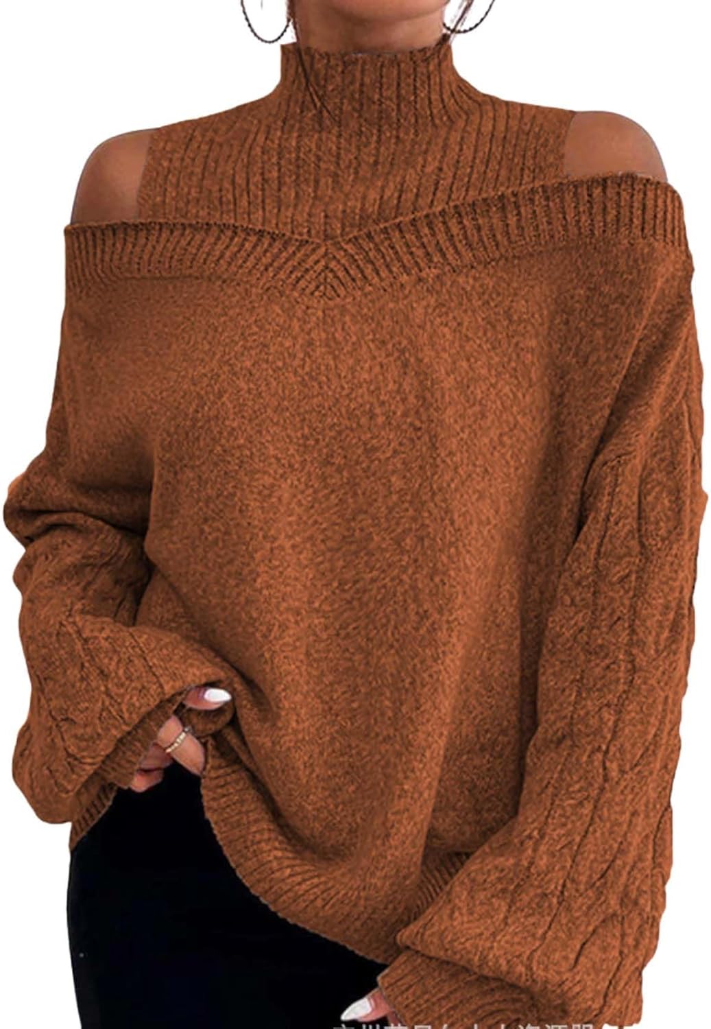 Women's High Neck Cold Shoulder Sweater Chunky Knit Pullover Loose Fit Long Sleeve Fall Winter Top