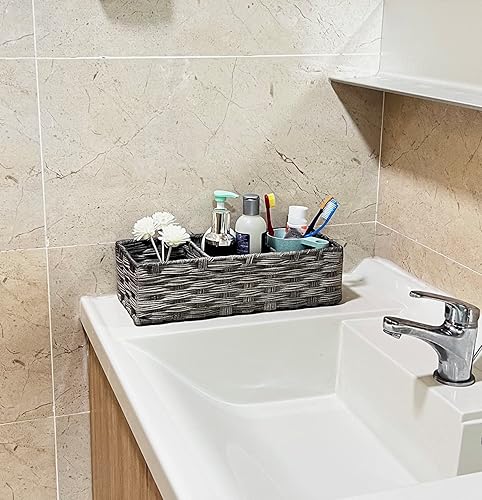 Miniatura 6 de Bandeja de papel higiénico de 3 secciones, cestas de almacenamiento impermeables para tanque de inodoro, decoración rústica de baño, organizador de