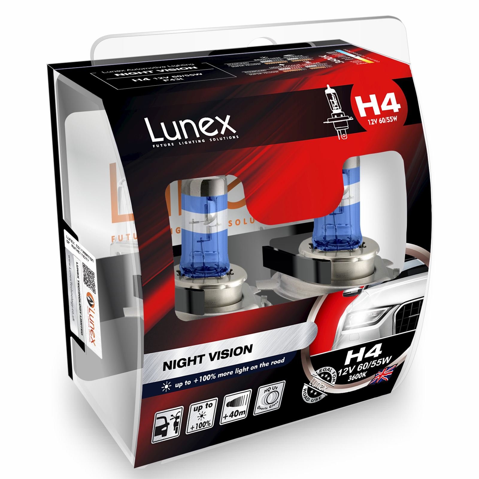 LUNEX H4 NIGHT VISION Headlight Halogen Bulbs + 100% more light 472 12V 60/55W P43t 3600K duobox (2 units)