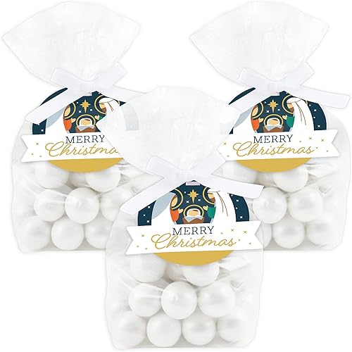 Big Dot of Happiness Holy Nativity - Bolsas de regalo transparentes de Navidad con escenas religiosas de pesebre, bolsas de golosinas con etiquetas,