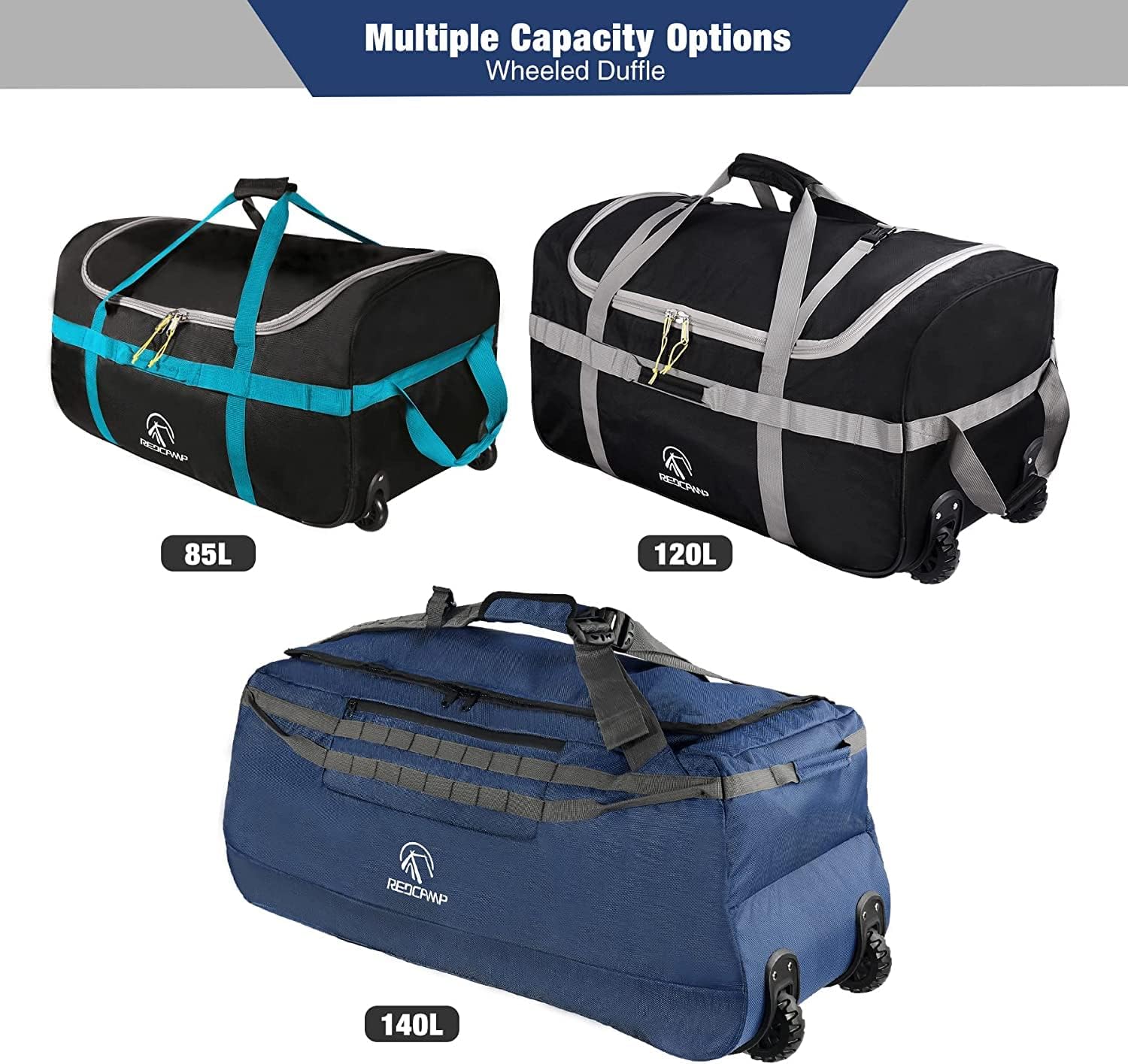 REDCAMP 140L Extra Large Holdall with Wheels, Foldable Wheeled Duffle Bag Travel Bag,Lightweight Waterproof Soft Suitcase Luggage with Rollers for Camping Sports Outdoor, Navy Blue REDCAMP 140L Extra Large Holdall with Wheels, Foldable Wheeled Duffle Bag Travel Bag,Lightweight Waterproof Soft Suitcase Luggage with Rollers for Camping Sports Outdoor, Navy Blue