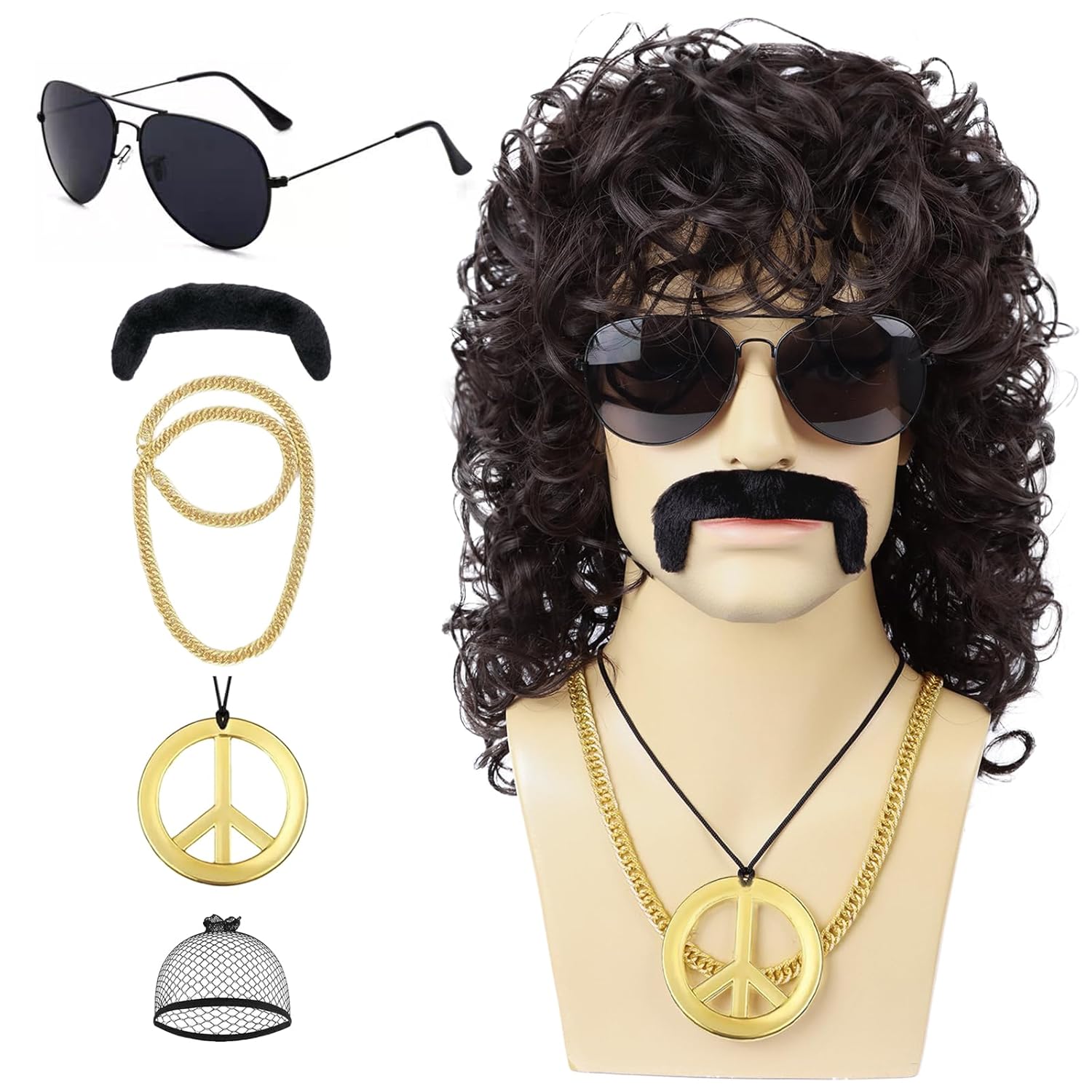 Mens Curly Wig + Glasses + Gold Chain + Peace Sign Necklace +Mustache + Wig Cap Long Curly Black Wigs for 70s Disco Party Cosplay Costume Halloween Use(6pcs Set)