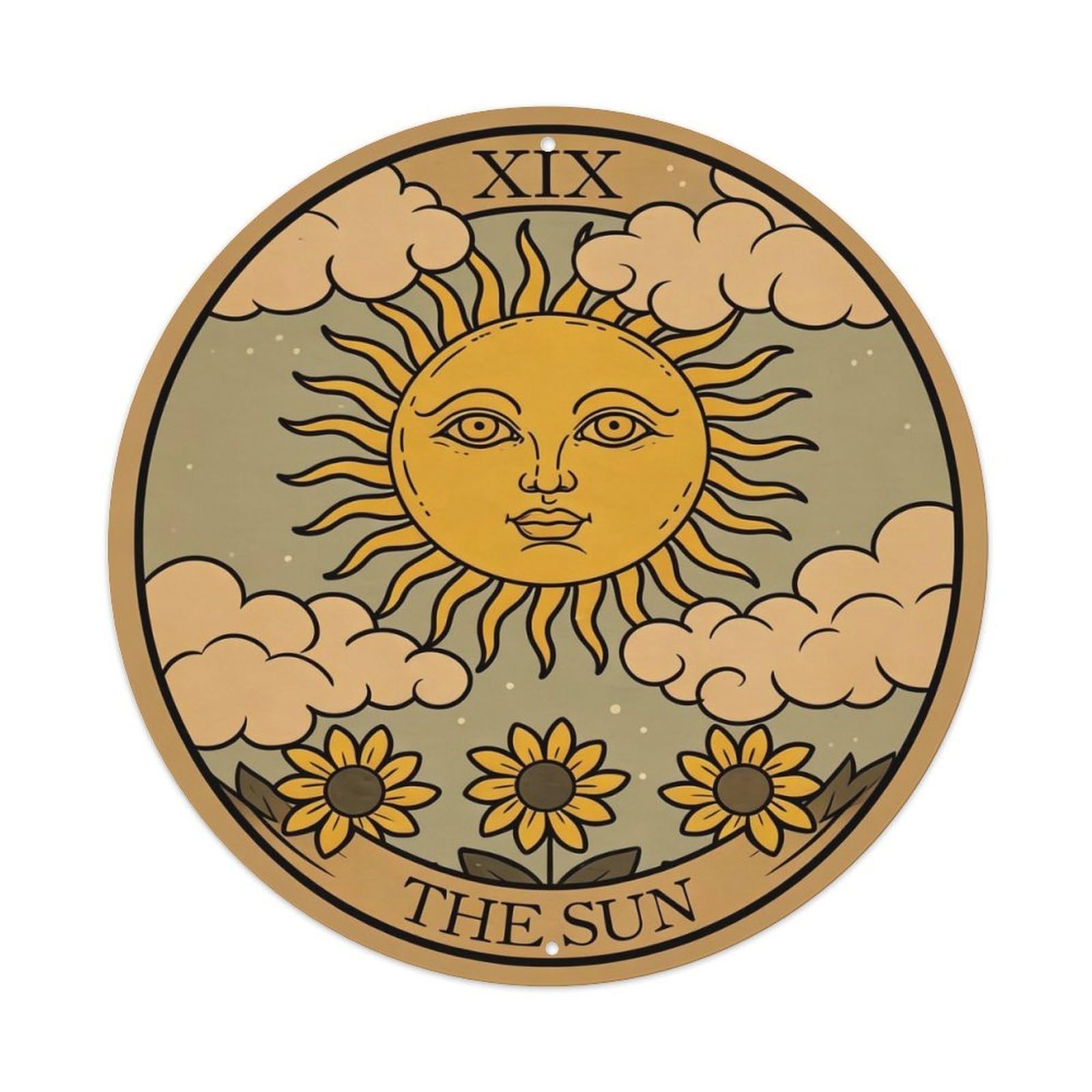 Tarot Card The Sun Metal Tin Sign Plaque Wall Decor for Cafe, Club, Garden Round Metal Poster 8x8Inch
