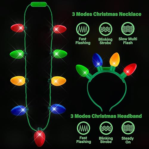 Miniatura 3 de EOBOH 8 piezas de recuerdos de fiesta de Navidad, collar de Navidad iluminado, bombilla brillante, 3 modos de collar de Navidad, diadema,