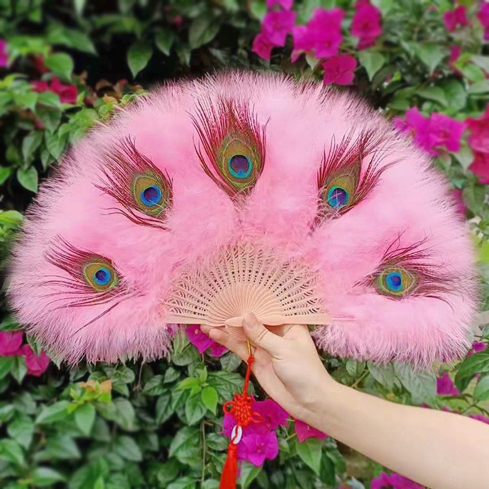 Abanico de plumas de pavo real plegable hecho a mano, decoración de boda, fiesta, baile, cosplay, ventilador portátil (azul)