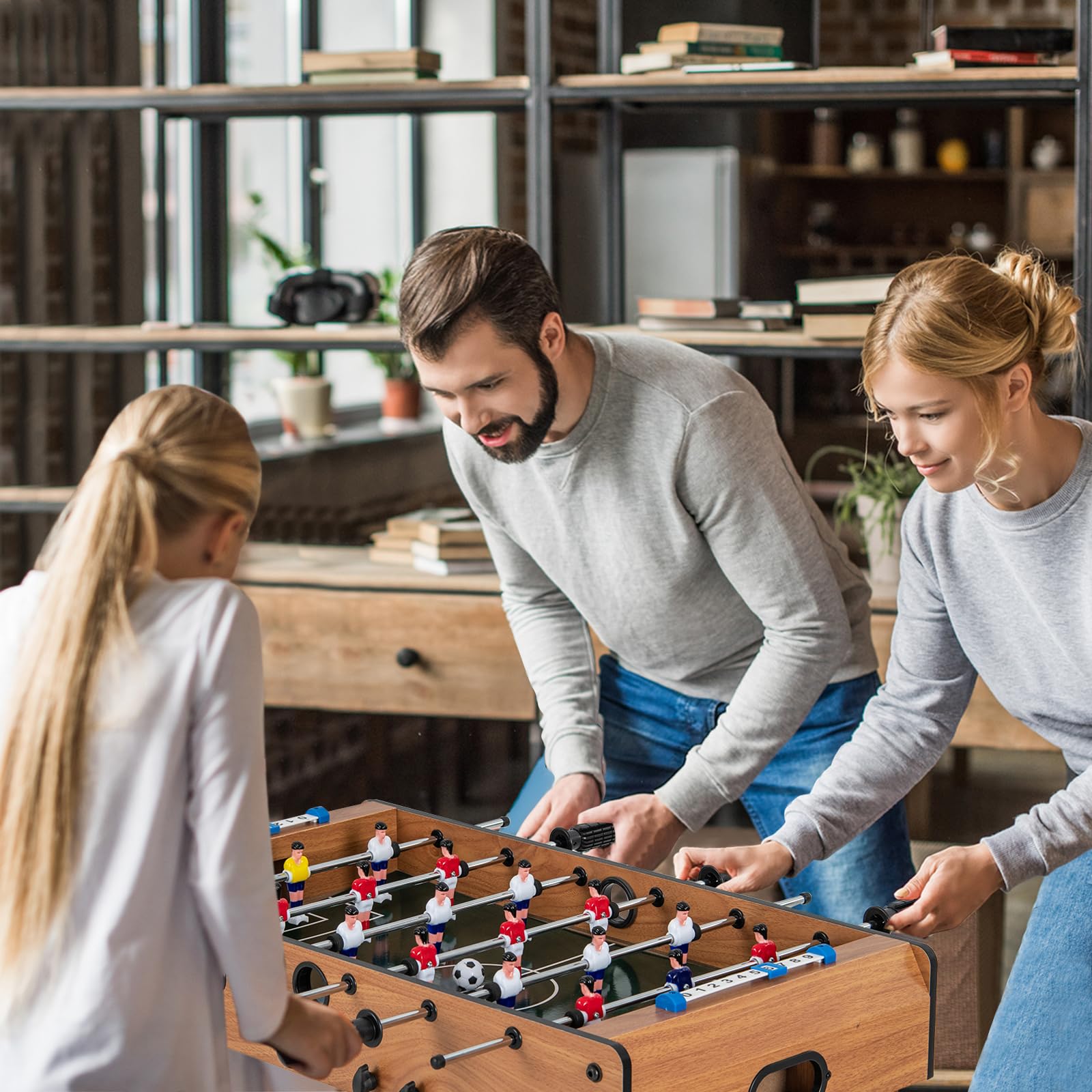 HOMASIS Futbolín plegable, juego de futbolín, incluye 2 pelotas y 18 futbolines, 6 barras de juego y contador de puntos, futbolín para adultos y niños, mesa de futbolín para fiestas y bares