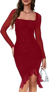 Women's Sexy Ruched Bodycon Dress Square Neck Long Sleeve Ruffle Hem Mini Dresses Club Party