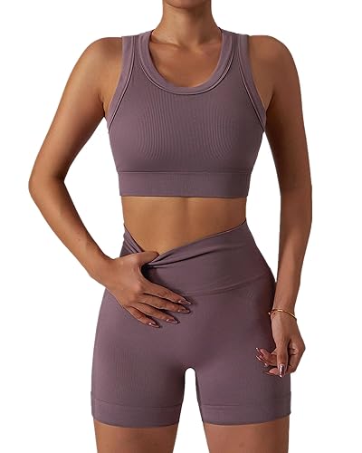 ABOCIW Workout Sets for Women 2 Piece Seamless Ribbed Tank Top Sport Bra High Waist Biker Shorts GYM Yoga Exercise Outfits - Light Brown - Medium