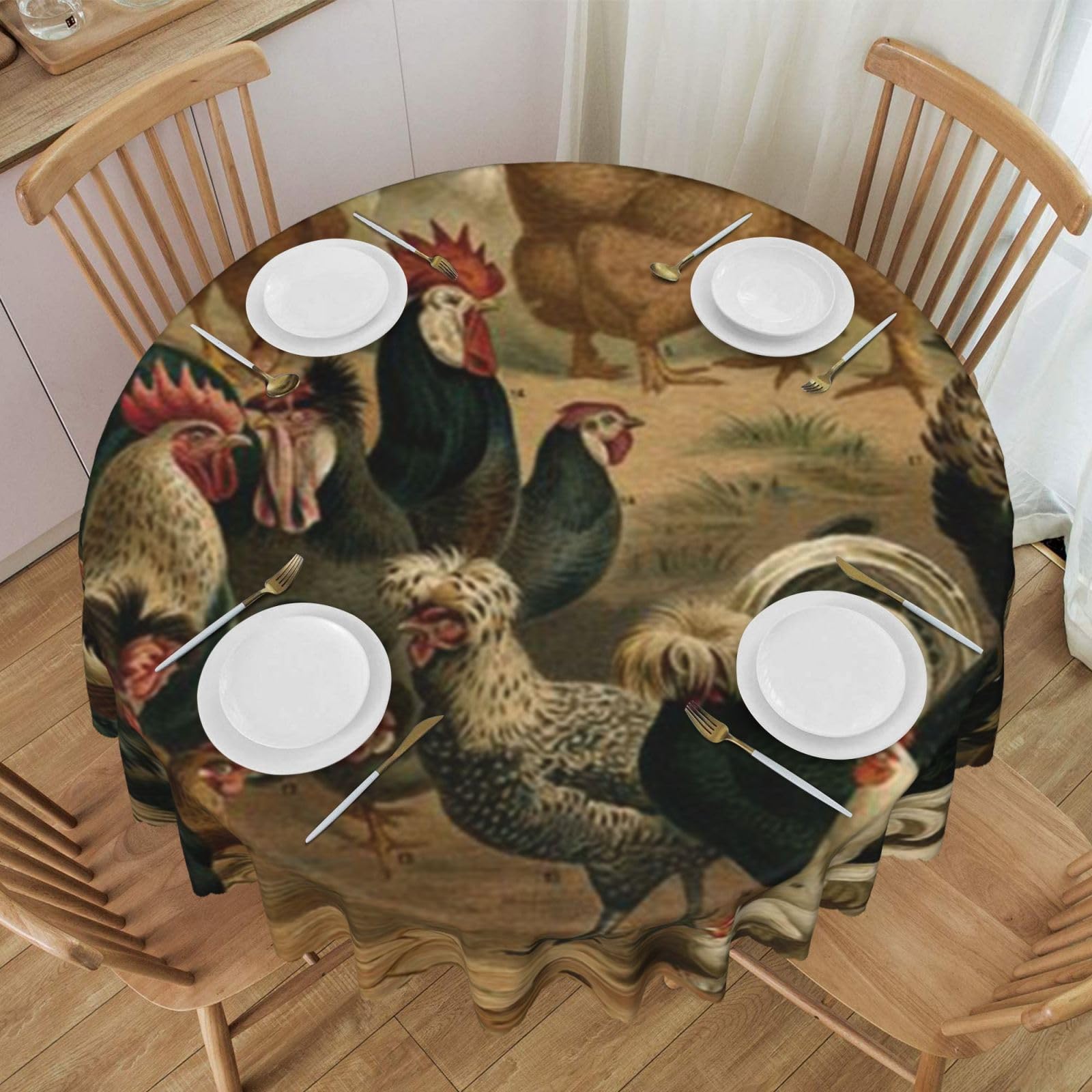 DCEHGEW 60 In Round Tablecloth with Lace, Chicken And Rooster Print Printed Oilproof & Washable Fabric Picnic Table Cloth Table Covers