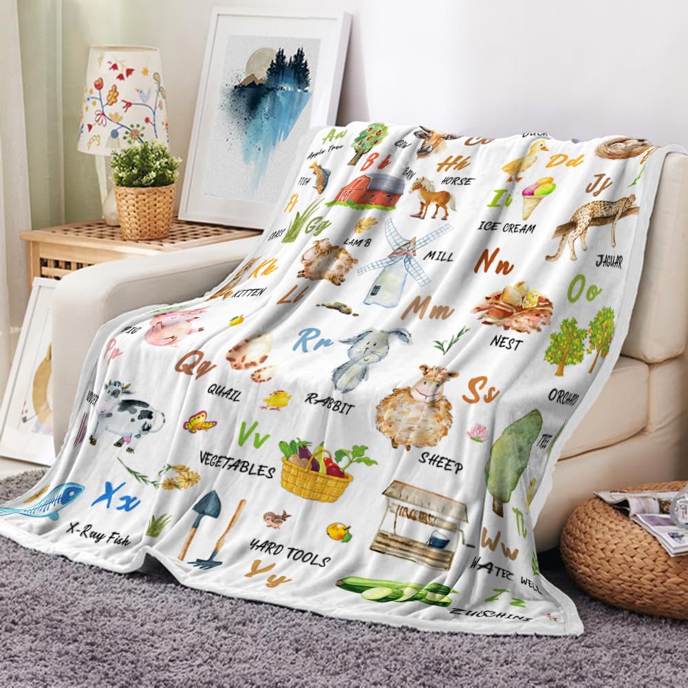 Farm Animals Print Throw Blanket, Alphabet Learning Cozy Warm Bed Couch Blanket, Cute Kids Decor White Fleece Flannel Throws to Decorate The Room and Bedroom