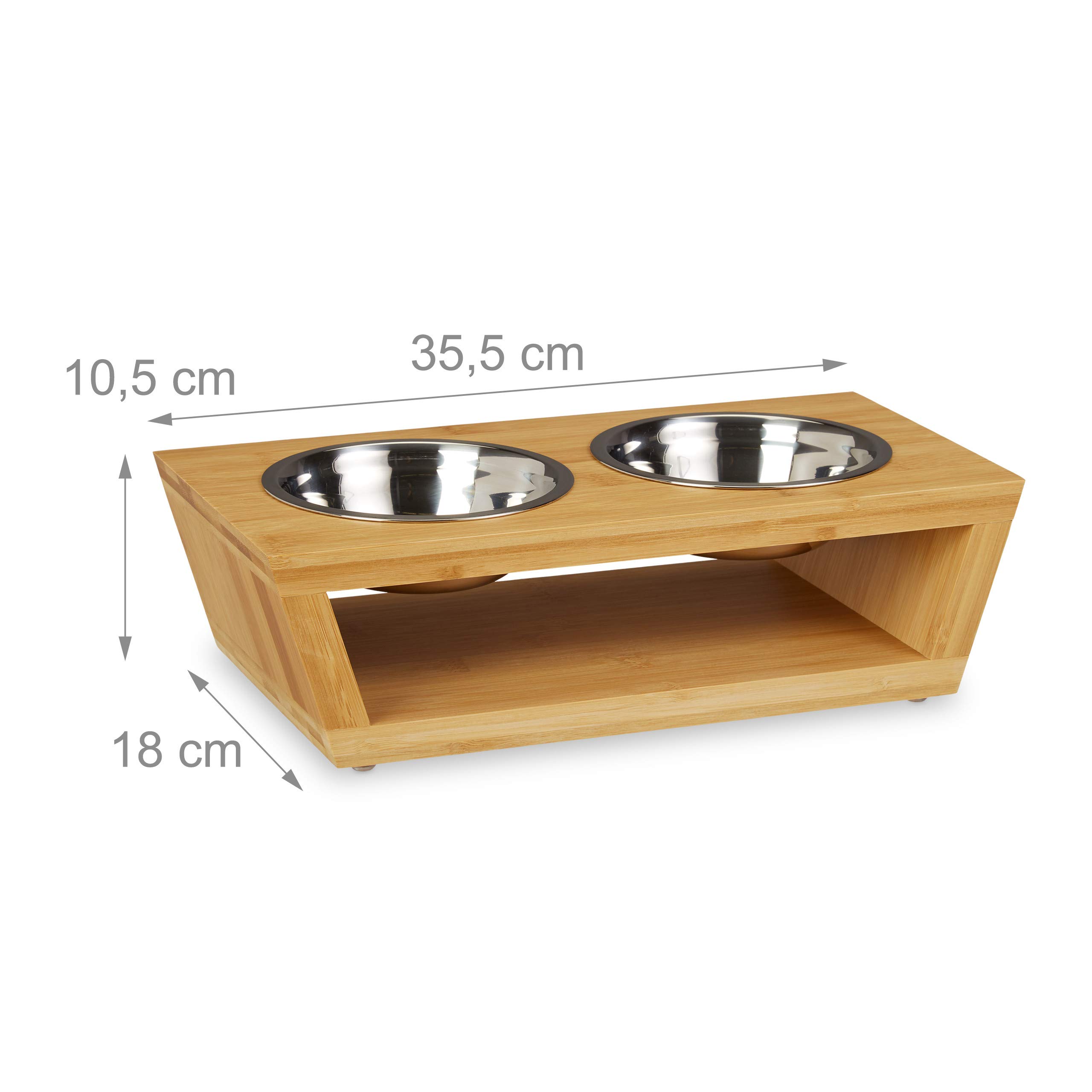Relaxdays Ciotole per Cani e Gatti, Scodelle per Animali, in Bambù e Acciaio Inox, Lavabile, Argentato Marrone Naturale