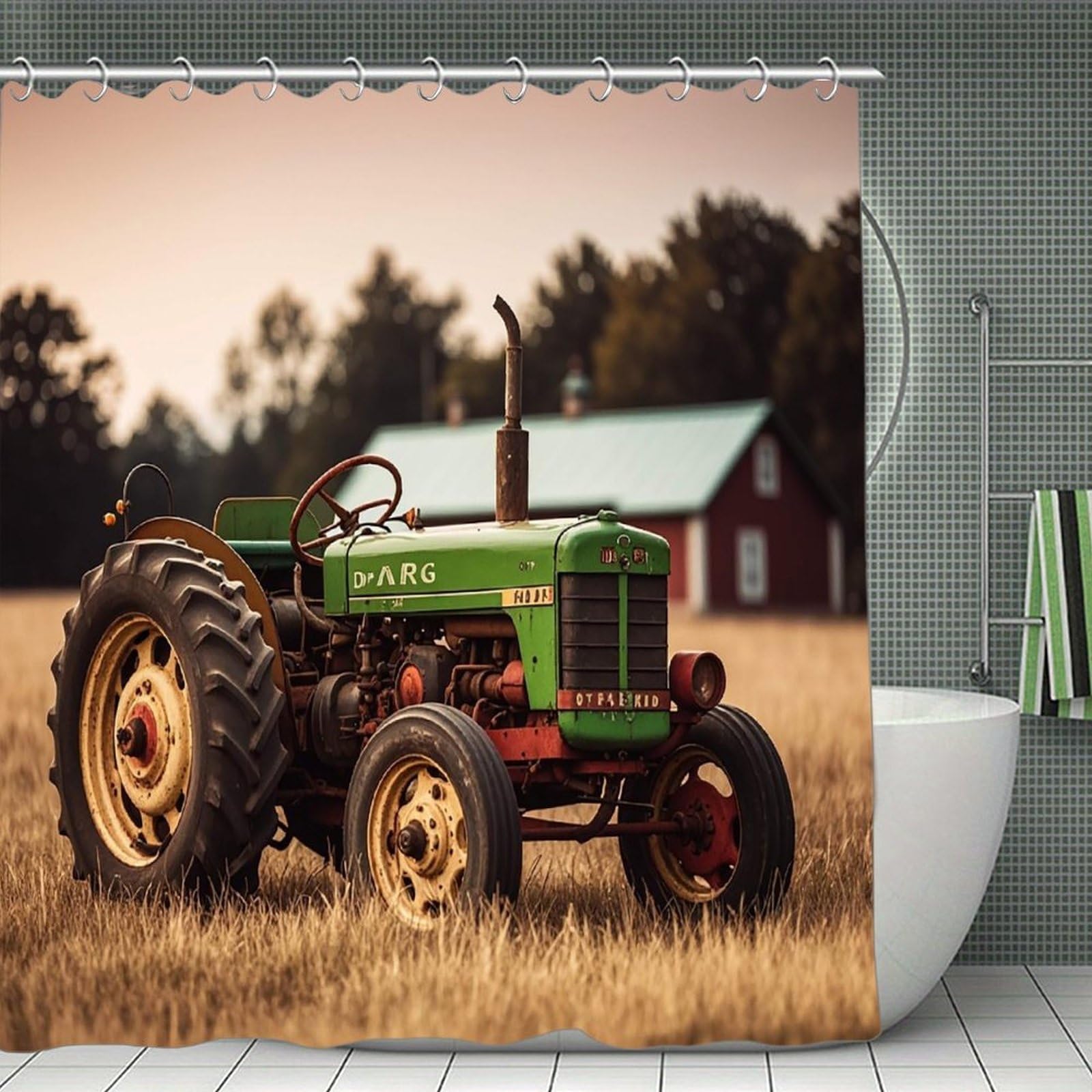 FekiLoot Old Tractor Photo Farm Shower Curtain Minimalist Thick Bathroom Curtain Washable Modern Bathroom Shower Curtain Heavy Duty Waterproof Cloth Bath Curtain with Hooks 70.8"x70.8"
